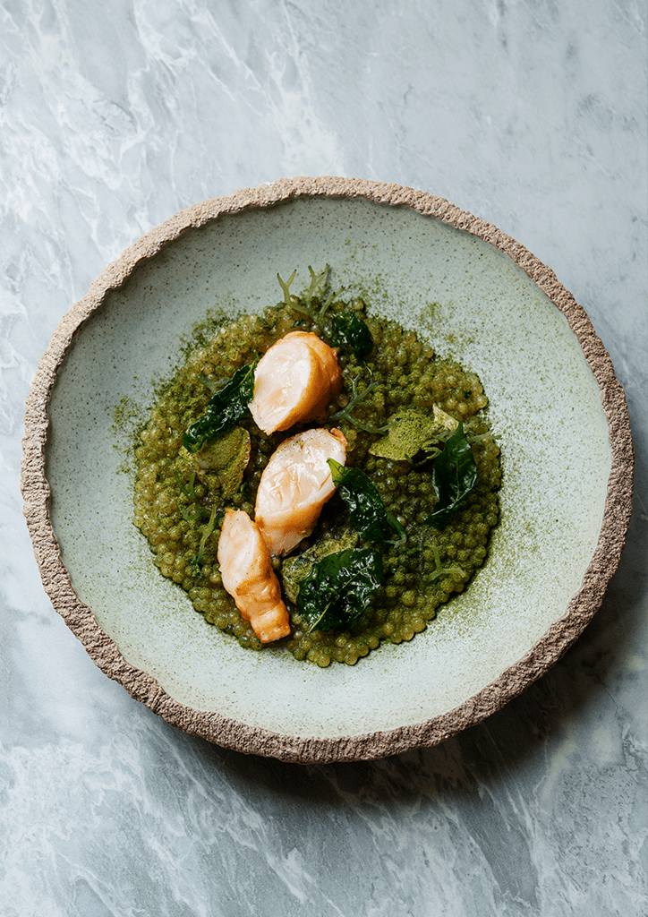 The main course: clams, river prawn, moringa tapioca, seaweed