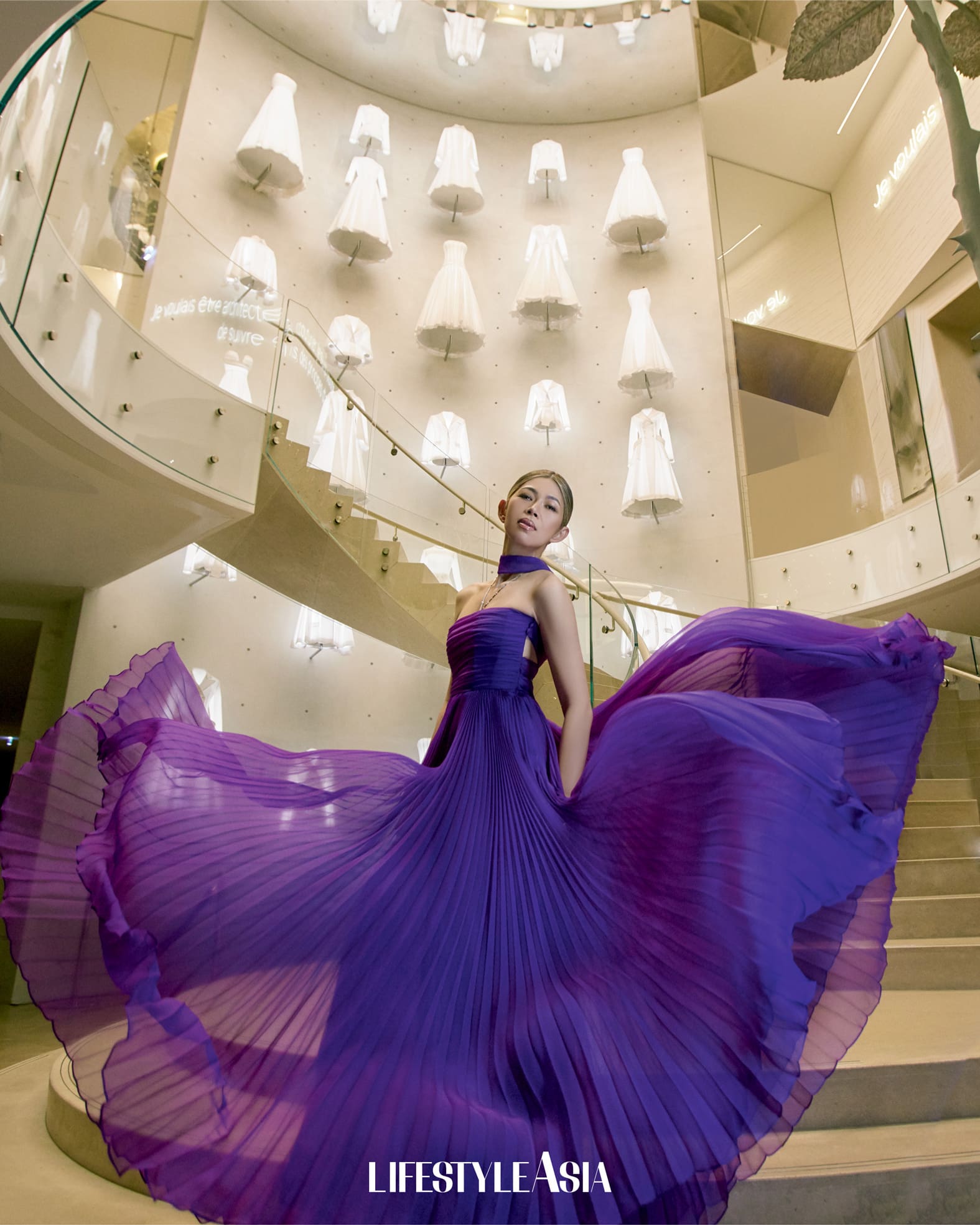 Freya Eduarte wearing Dior Dream Corset dress in purple lightweight silk chiffon, Autumn/Winter 2023, Ready to Wear Collection