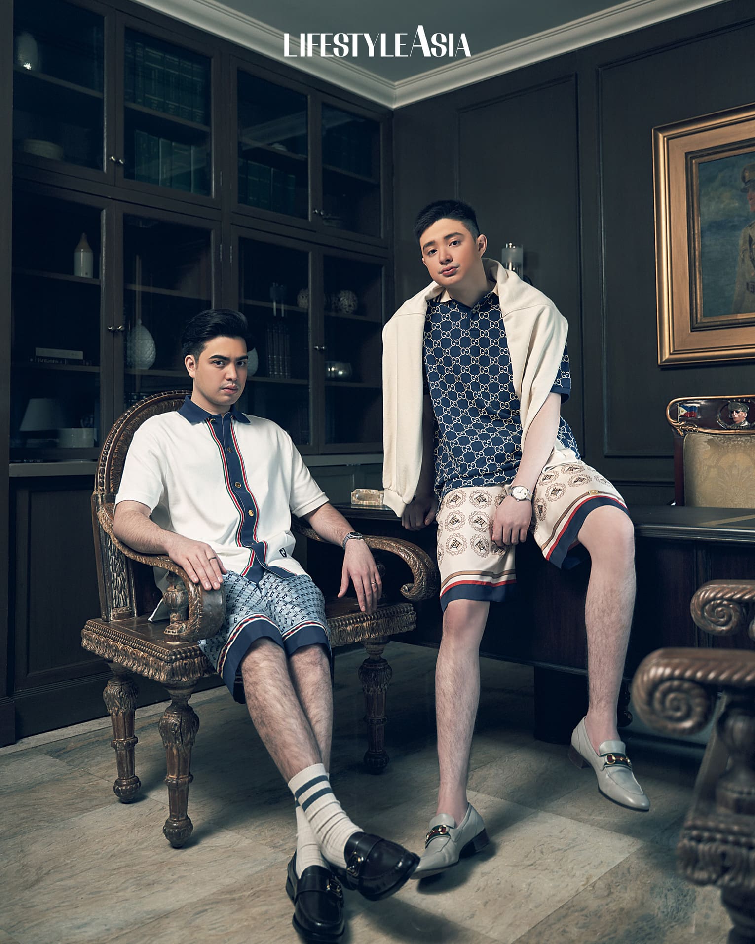 On Julio: Cotton Jersey Polo Shirt, Geometric Square G Print Silk Short, Men’s Interlocking G Loafer, and G-timeless Watch In 40mm. On Santino: GG Cotton Stretch Polo, Felted Cotton Sweatshirt With Patch, Equestrian Print Twill Short, Men's Leather Horsebit Loafer With Web, and G-timeless Watch In 40mm; all from GUCCI.