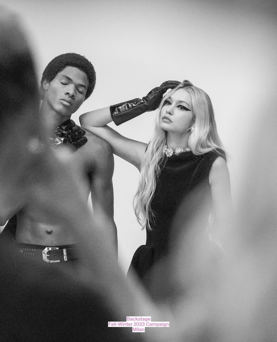 Gigi Hadid posing at the backstage of Fall/Winter 2023 Campaign in Milan.