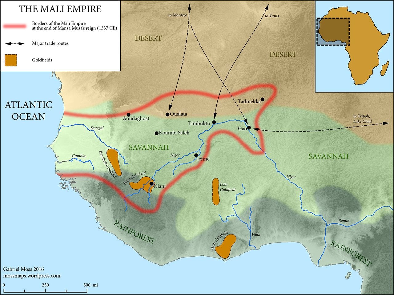 A map depicting the vast expanse of the Mali Empire at the end of Mansa Musa's reign