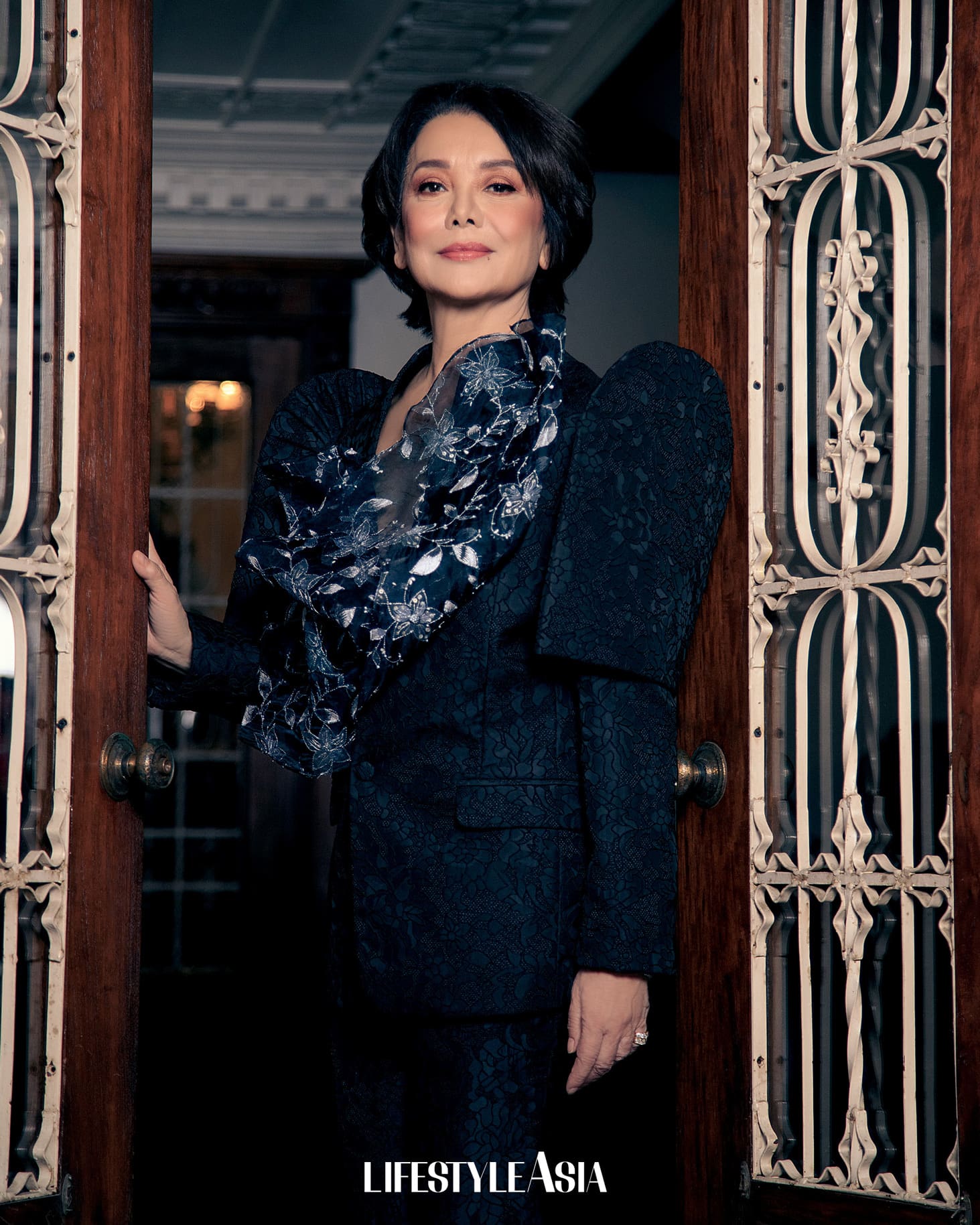 Black jacquard terno suit and pants, RAJO LAUREL; Diamond drop earrings, JMA JEWELRY.