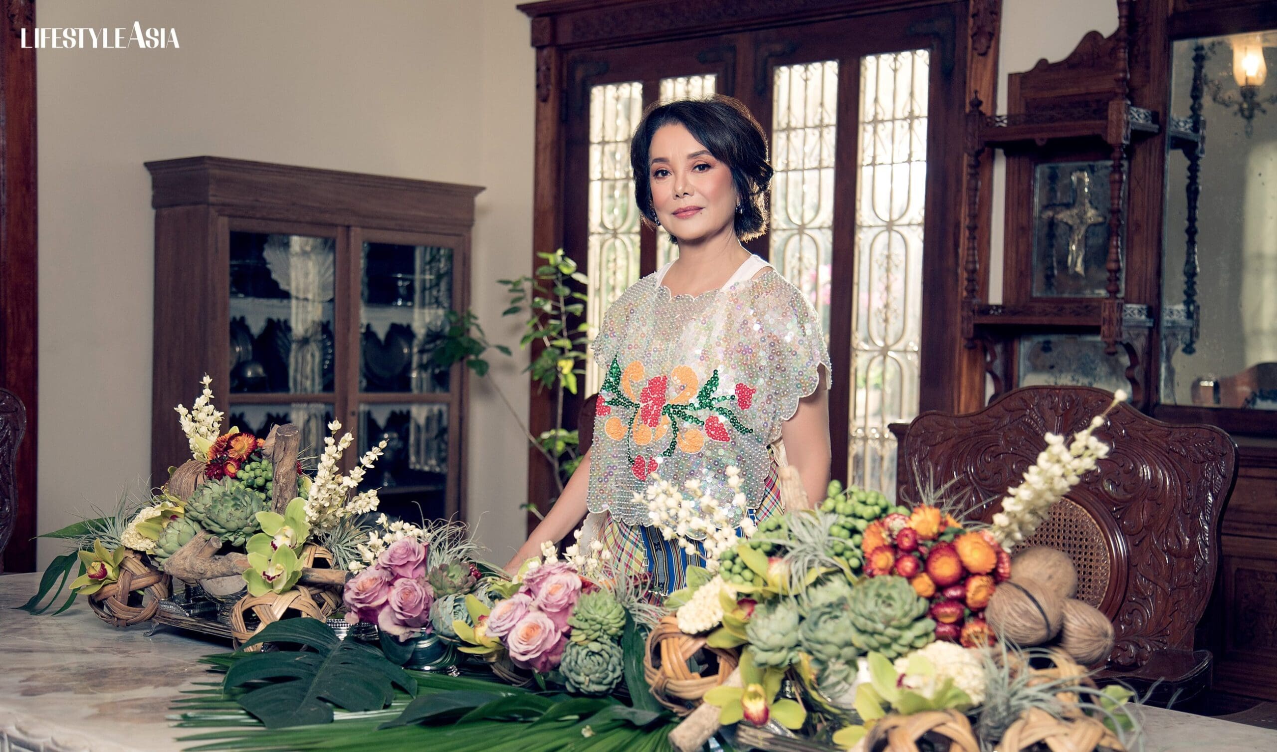Fully sequined kimona top and technicolored skirt, JOR-EL ESPINA; Floral Amethyst earrings, JMA JEWELRY.