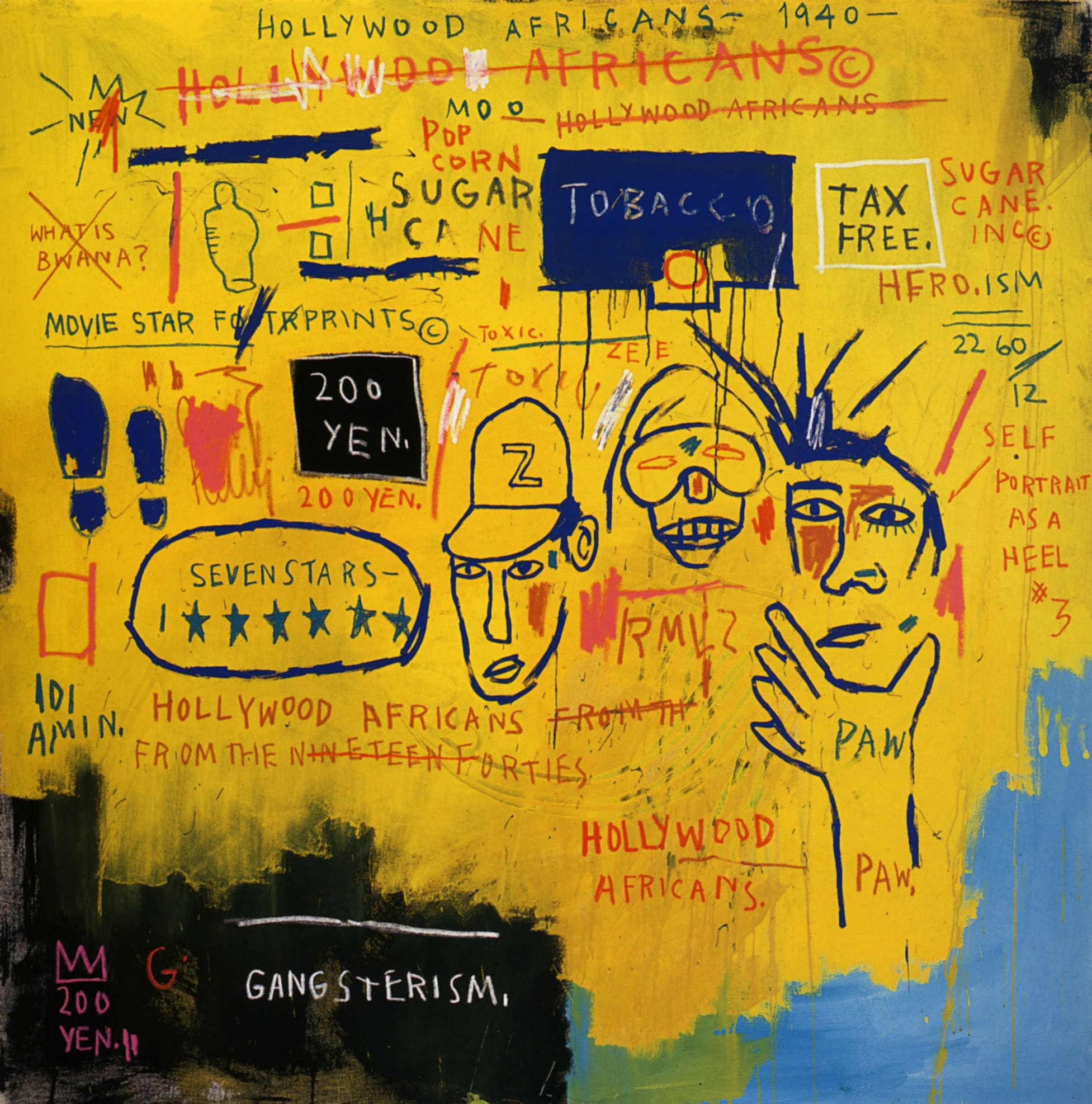 Basquiat's "Hollywood Africans" (1983, acrylic and crayon on canvas)