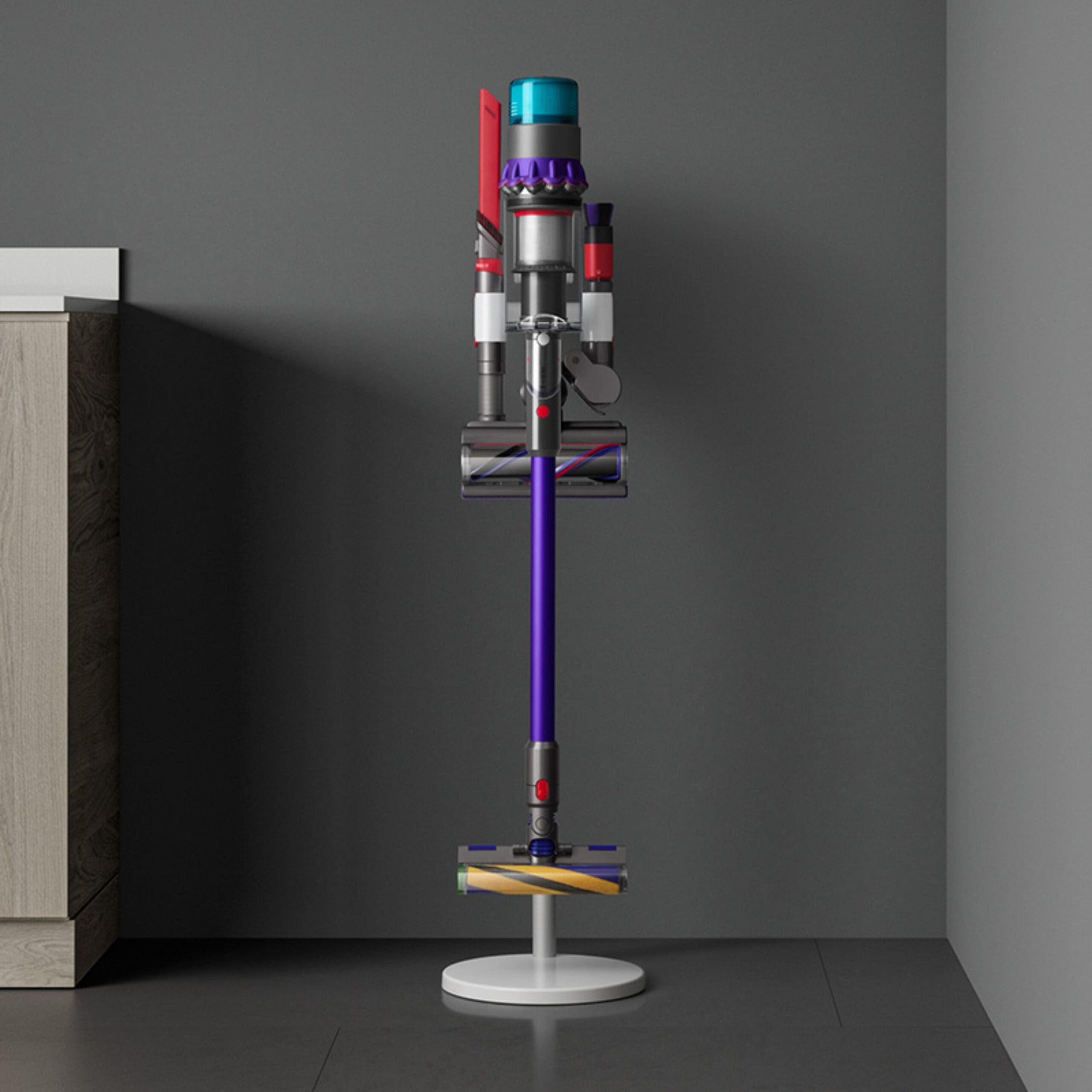 A low-profile charging dock keeps the vacuum within reach without the clutter of cords