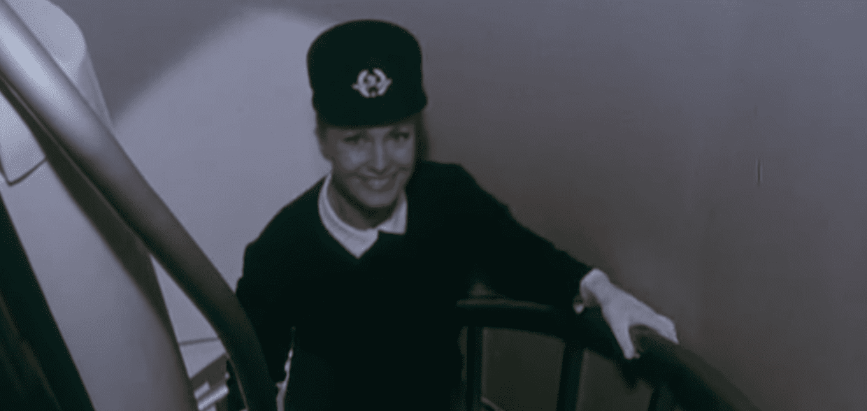 An Air France flight attendant wearing the Balenciaga uniform