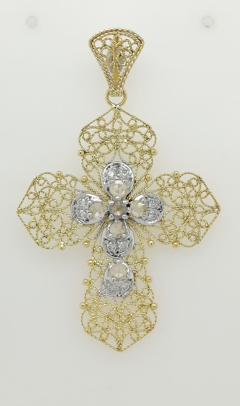 Cross gold filigree pendant with diamonds by JJ Jiao