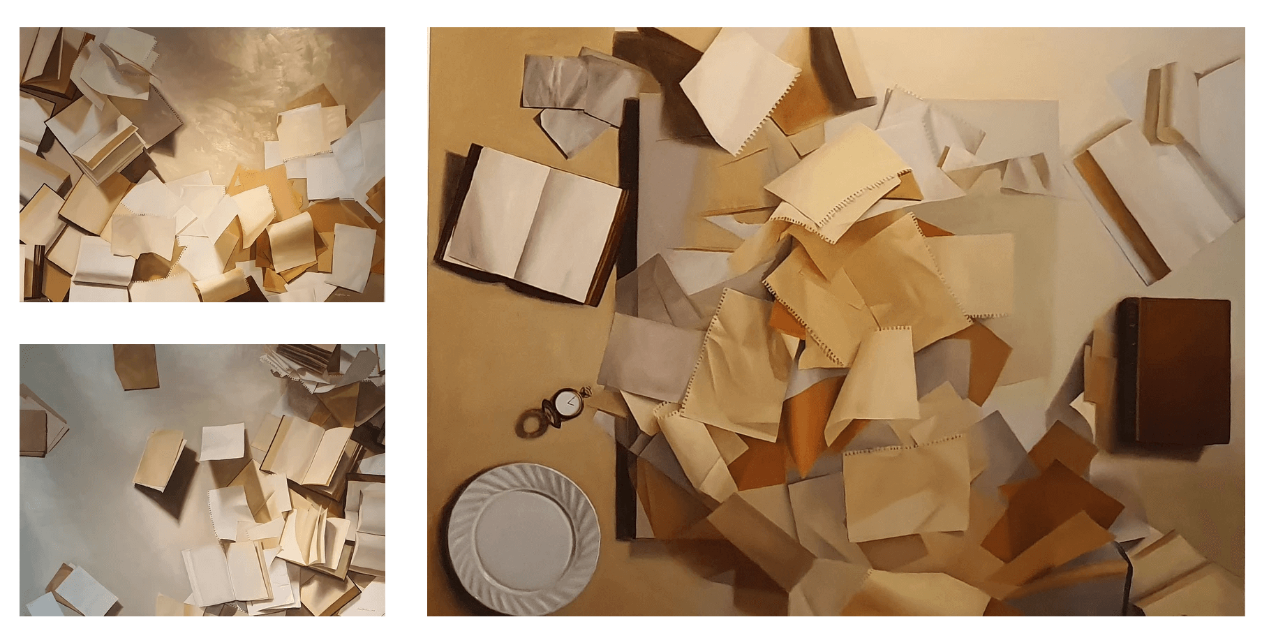 Chelsea Theodossis' art. With a calm and disciplined approach, Theodossis paints collections of books and loose pages, all blank and unwritten, symbolizing the many people whose stories she hopes were written, shared, or at least heard.