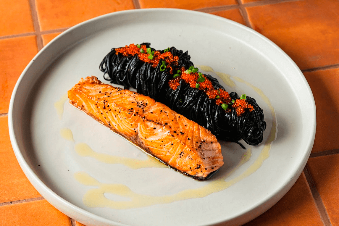 TOP (L-R): Black Anchovies Butter Fresh Tagliatelle Pasta; Grilled Salmon & Dashi Butter Fresh Spaghetti Pasta. BOTTOM (L-R): Black Bass Taco; Citrus and Meringue Millefeuille.