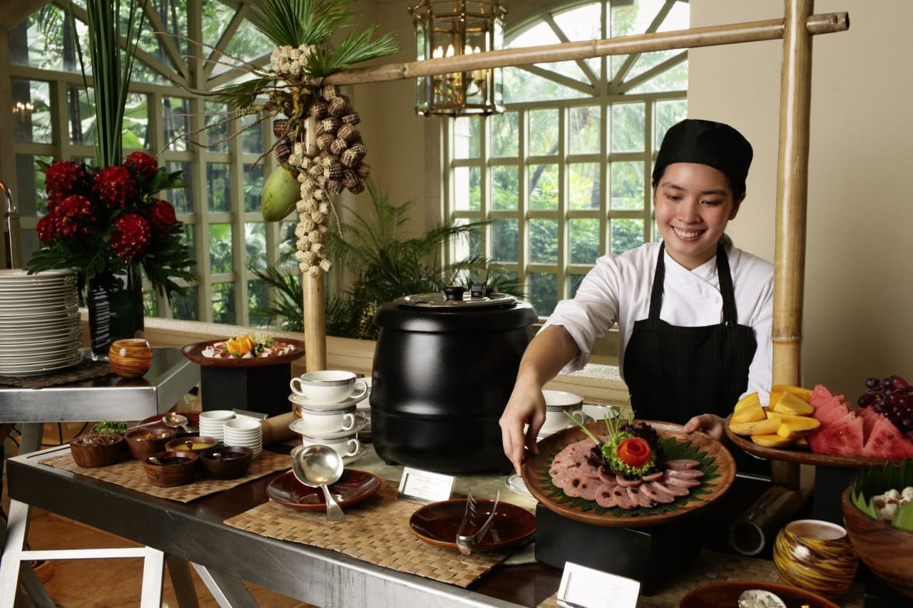 The buffet is a gastronomic tour of the Philippines, showcasing food with Malay, Chinese, and Spanish influences
