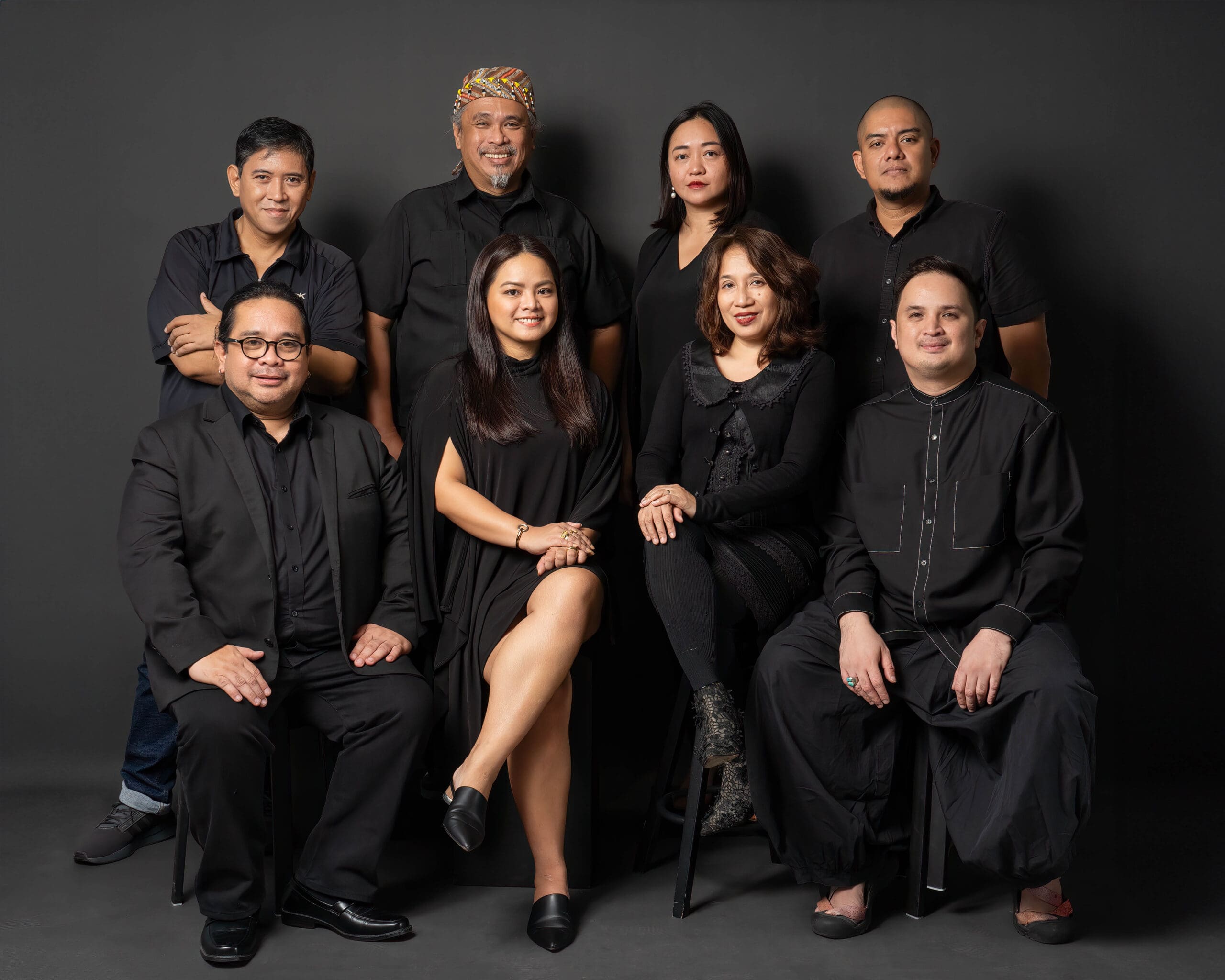 Artists for the Philippine Pavilion of the 2024 Gwangju Biennale. Standing: Eric Roca, Toym Imao, Adjani Arumpac, Veejay Villafranca. Seated: Dennis Montera, Avie Felix, Sari Dalena, Karl Castro.