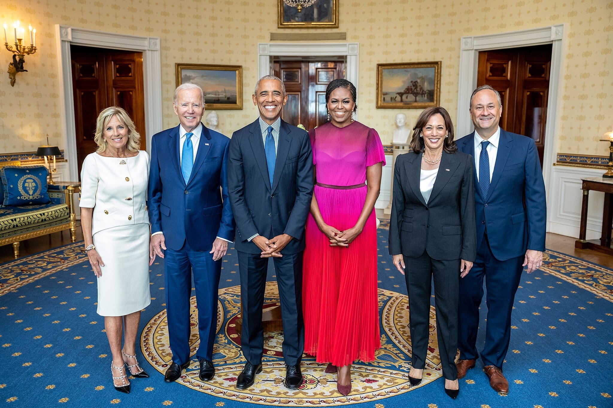 President Joe Biden and First Lady Jill Biden pose for a photo with former President Barack Obama, former First Lady Michelle Obama, Vice President Kamala Harris and Second Gentleman Doug Emhoff