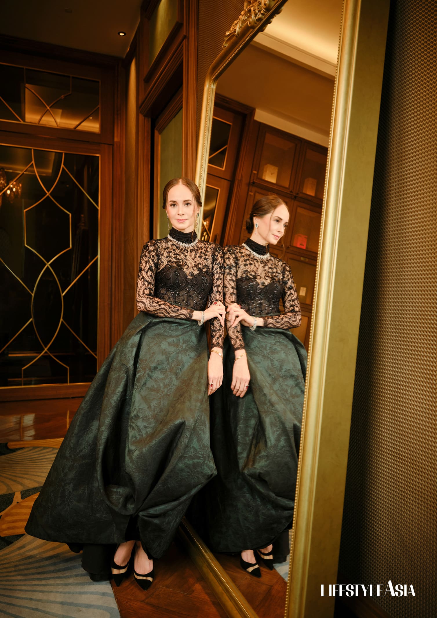 Lace beaded bodysuit with jacquard ballgown skirt, RANDY ORTIZ. Jewelry by JUL B. DIZON.