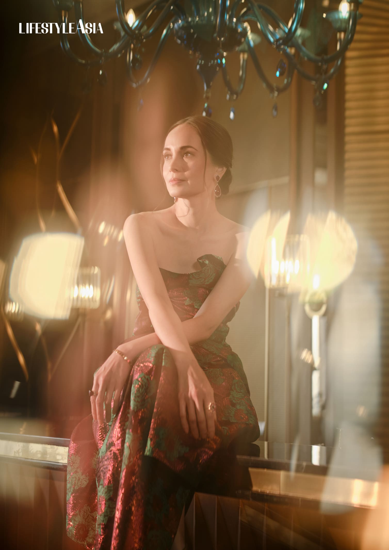 Green and red floral brocade dress, RAJO LAUREL. Jewelry by JUL B. DIZON.