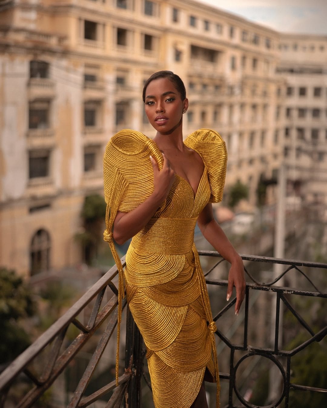 Chelsea Manalo in a golden Filipiniana