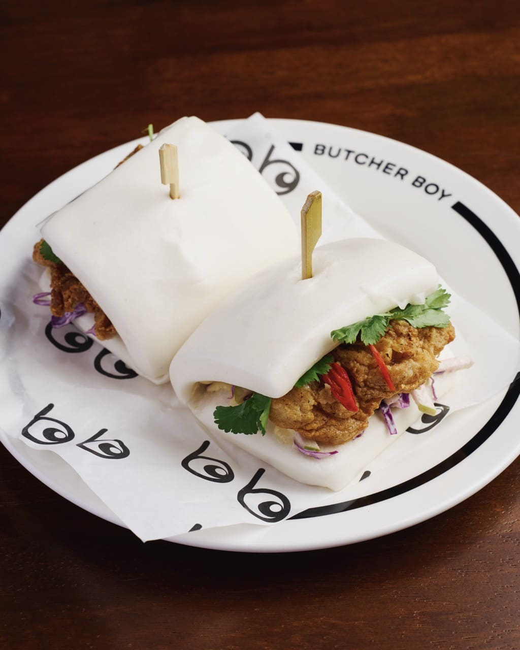 Fried Chicken Bao; Fried Bun and Chili Crab Sauce; Beef Bo Ssam; Chocolate and Pandan Curd Butcher Boy