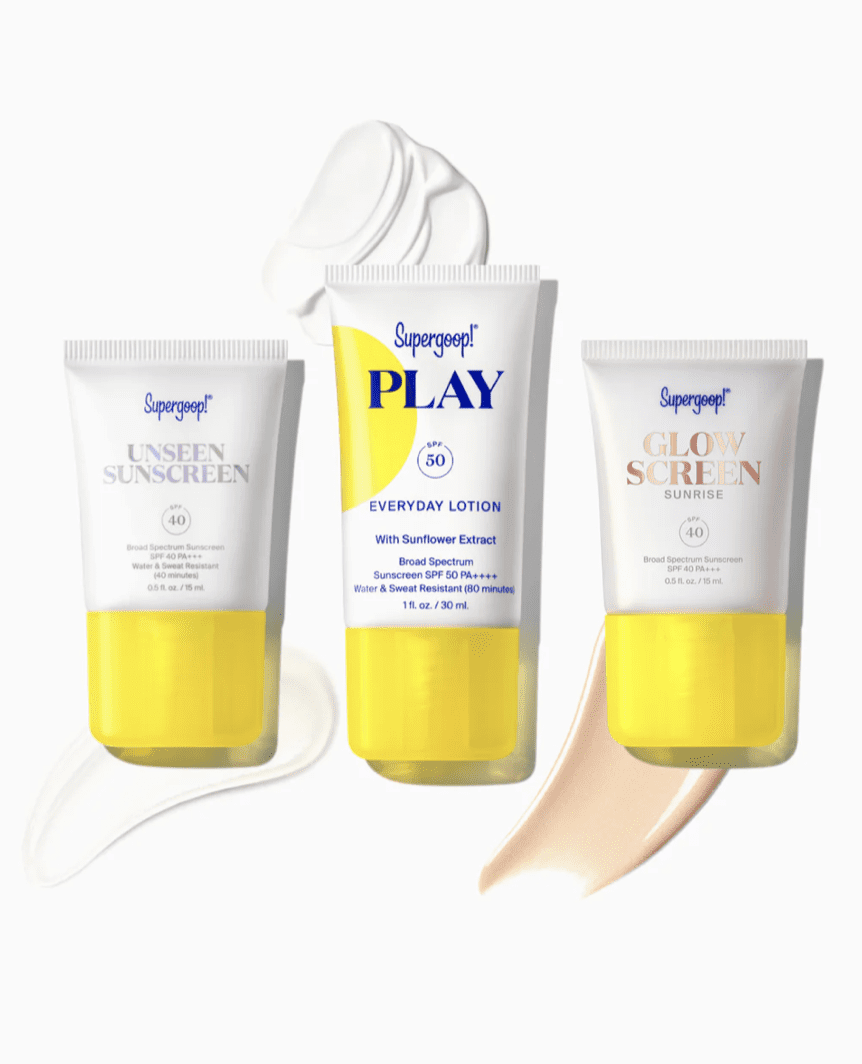 Supergoop sunscreen with Unseen Sunscreen, Glow Screen, and PLAY Everyday Lotion