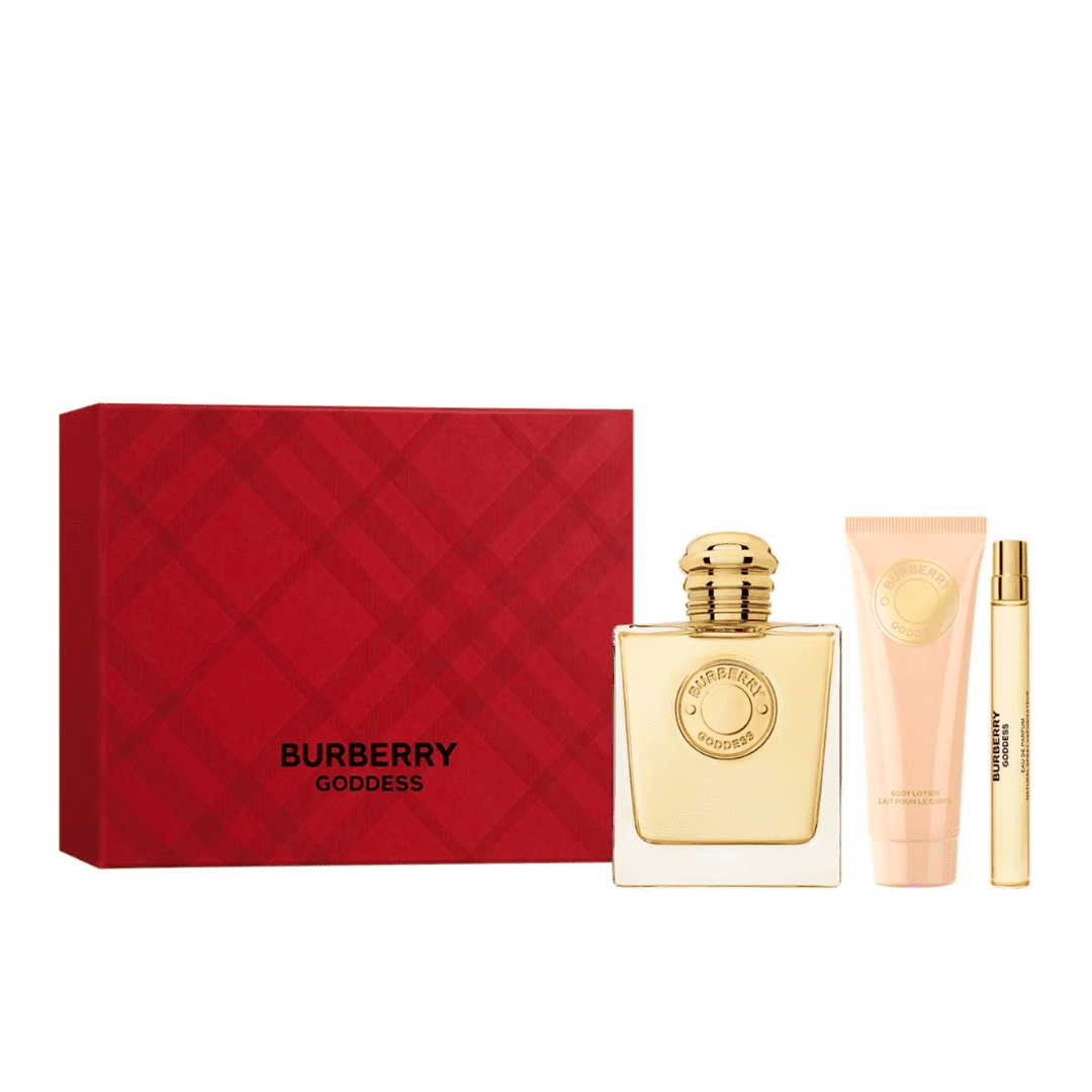 Burberry Goddess holiday gift set with perfume, body lotion, and mini travel atomizer