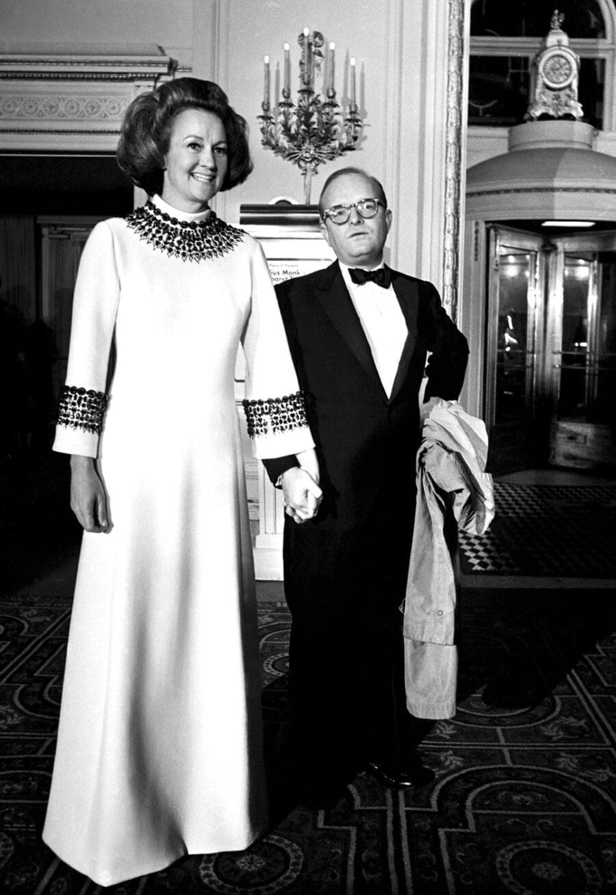 Truman Capote with his guest of honor, American publisher and friend Katharine Graham parties