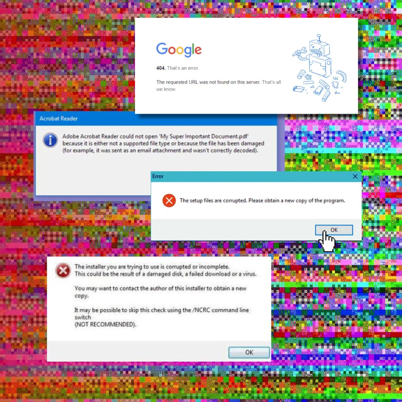 Samples of various errors that could indicate digital decay in files or link rot online, set against the backdrop of a corrupted JPEG