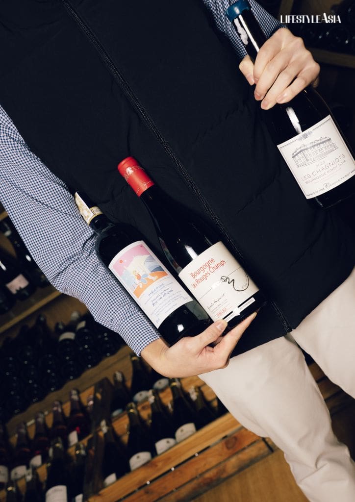 On the left are three particularly special wines to Jaime: a bottle of 2008 Roberto Voerzio 'Fossati Case Nere' Riserva 10 Anni (a type of red wine from Piedmont, Italy), similar to the one he tried when he was younger that sparked his love for wines; and bottles from Camille Thiriet and Gérard Mugneret (both based in Burgundy), vintners with wines he helped harvest and create