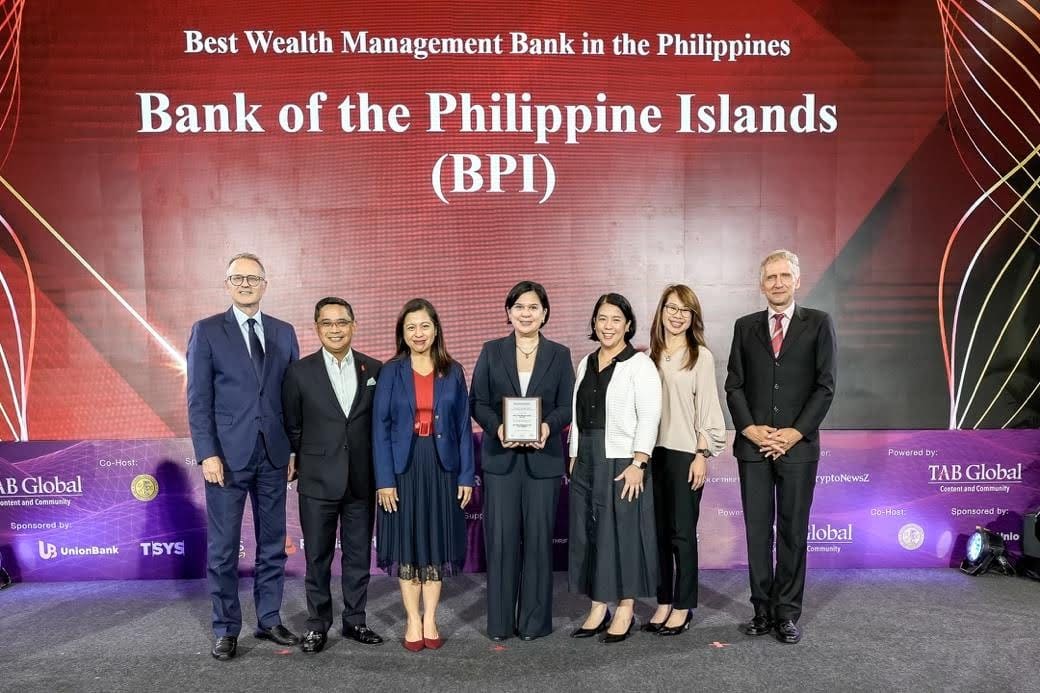 Bank of the Philippine Islands with its BPI Gold program was hailed as the Best Wealth Management Bank in the country at The Asian Banker Philippine Awards 2024. Receiving the award were: Ginbee Go, Head of Consumer Banking (3rd from left); Dennis Fronda, Head of Branch Stores Channel (2nd from left); Geraldine Alcuaz, Head of Consumer Segment Marketing (4th from left); Agnes Padilla, Head of Affluent Segment (3rd from right); and Irene Ang, Head of Personal Wealth (2nd from right). With them are Urs Bolt, The Asian Banker Chairman, (1st from left) and Christian Kapfer, The Asian Banker Insights Managing Director (1st from right)