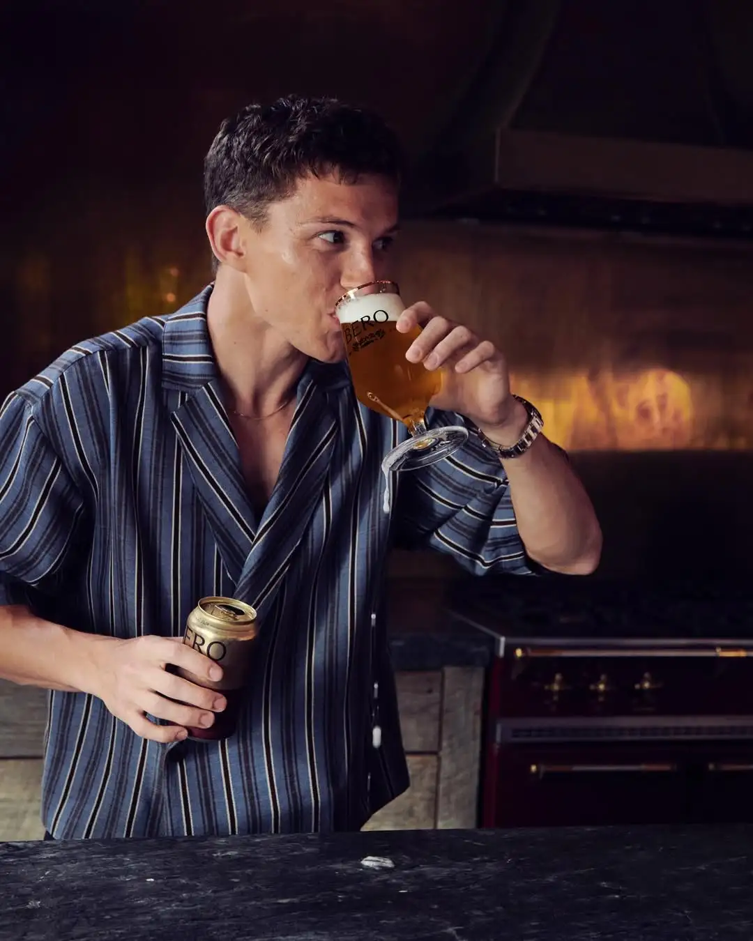 Tom Holland with his alcohol-free beer Bero
