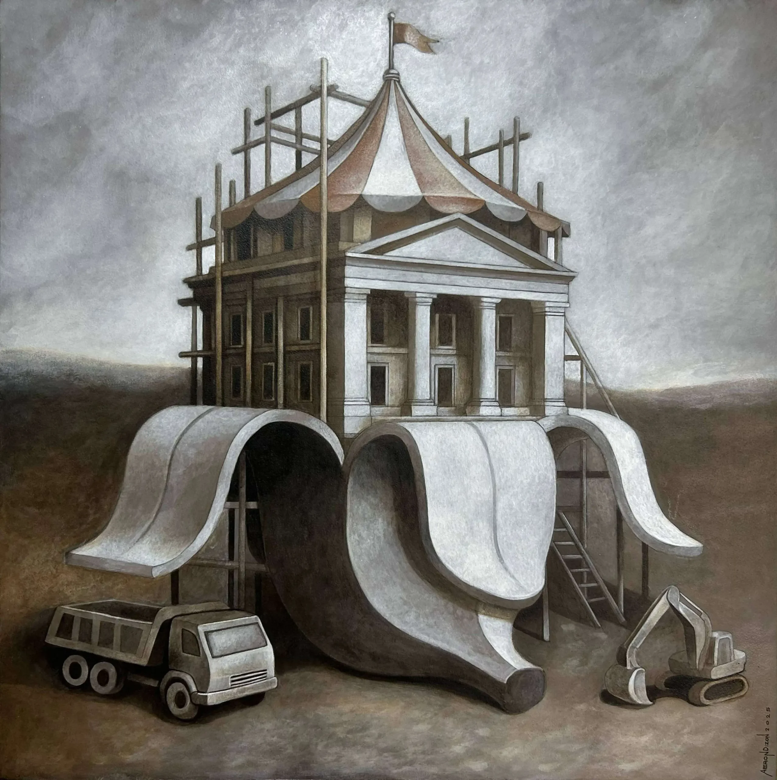 Works from MoCAF Discoveries artists: "Under Construction Carnival of Power" by Aeron Dizon; "Non-place" by Binsoy; "The Warmth of Light" by CHRIIXX; "Temptation" by John Nabor