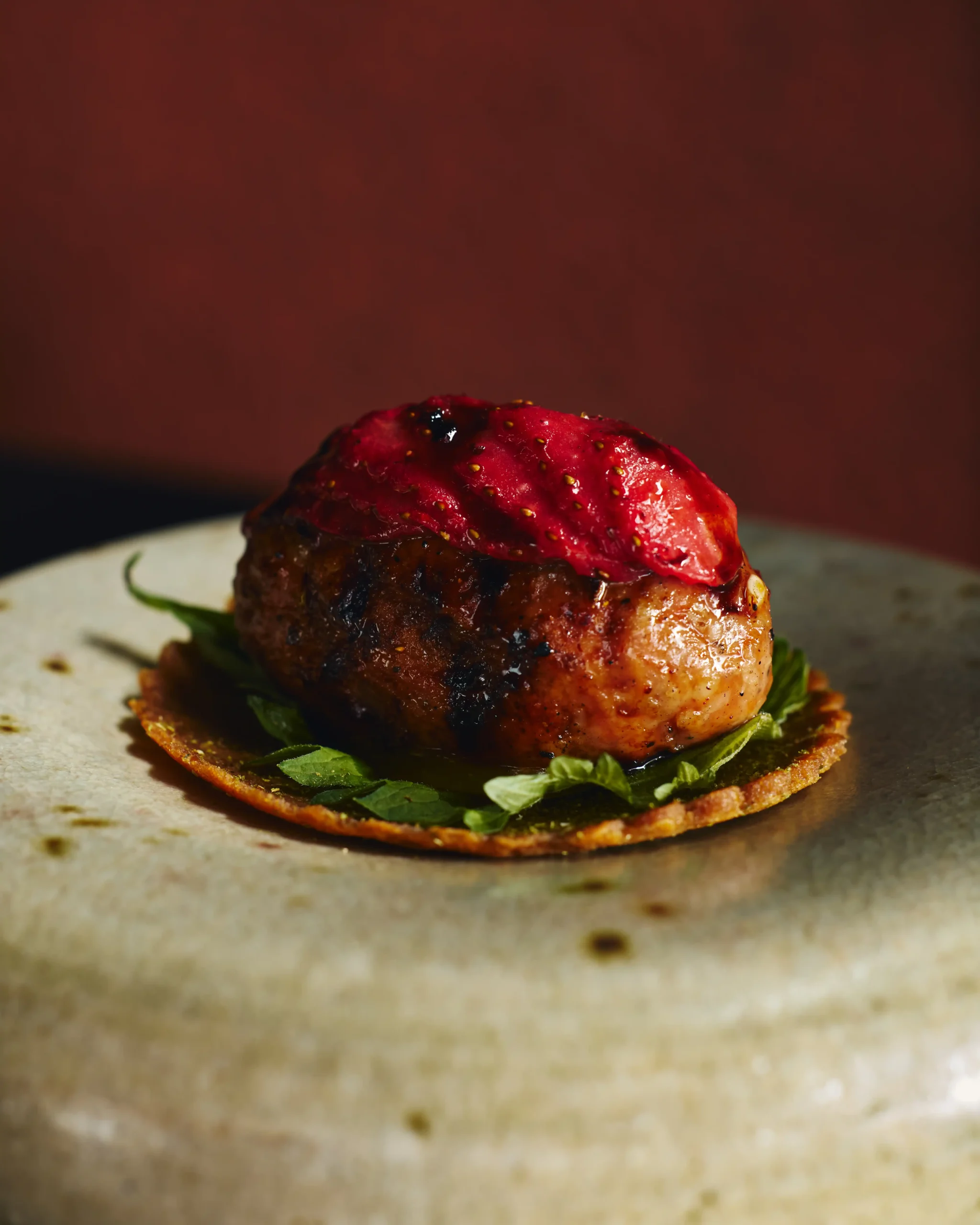 The BBQ course is made from hand-ground white Pekin duck and chicken - Celera