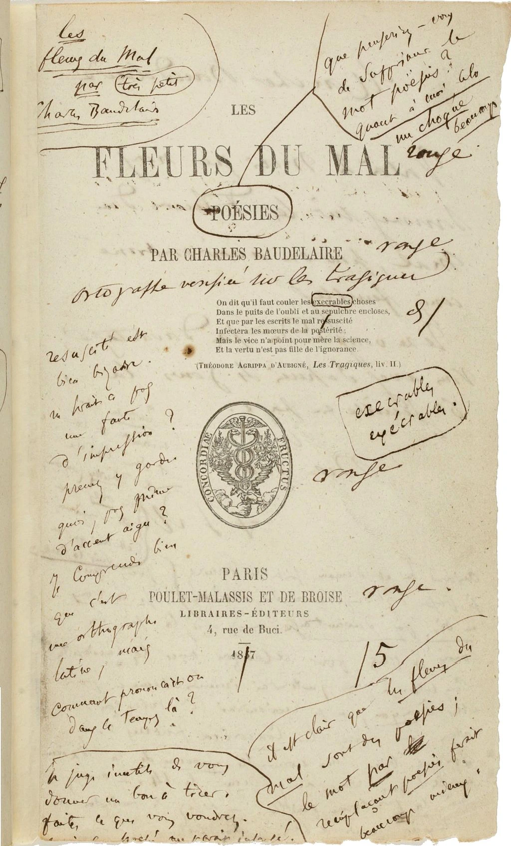 An annotated title page from the first edition of Les Fleurs du Mal by Charles Baudelaire