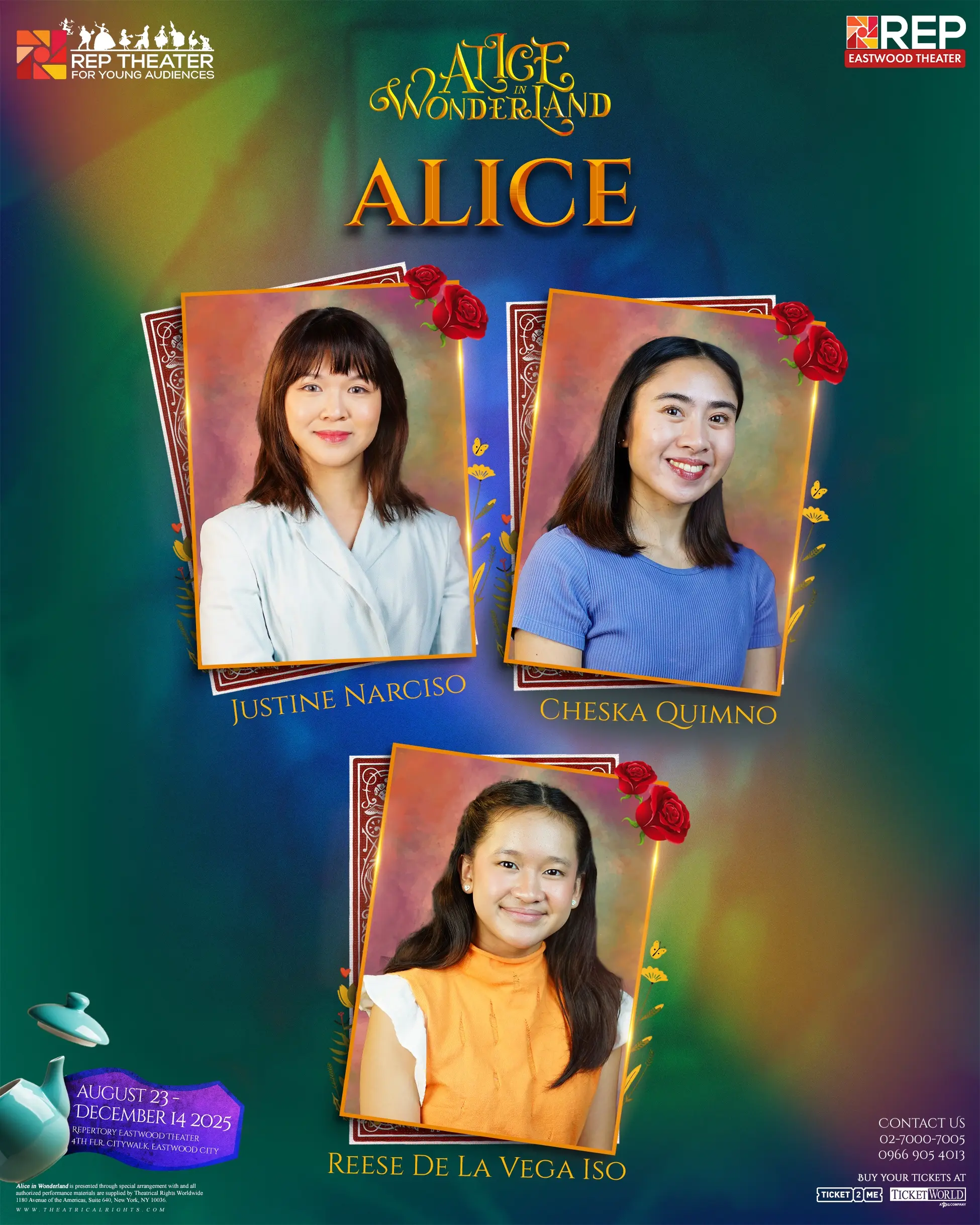 Some of the cast members playing Alice, White Rabbit, the Queen of Hearts, and Mad Hatter in the REP production of Alice in Wonderland