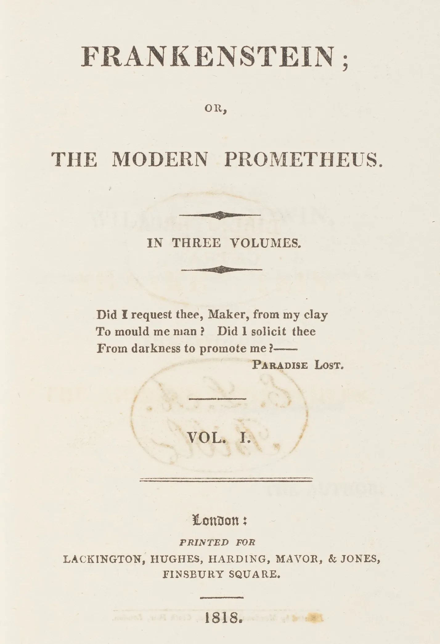 Christie's auction scan of the title page of Mary Shelley's Frankenstein, first edition 1818/